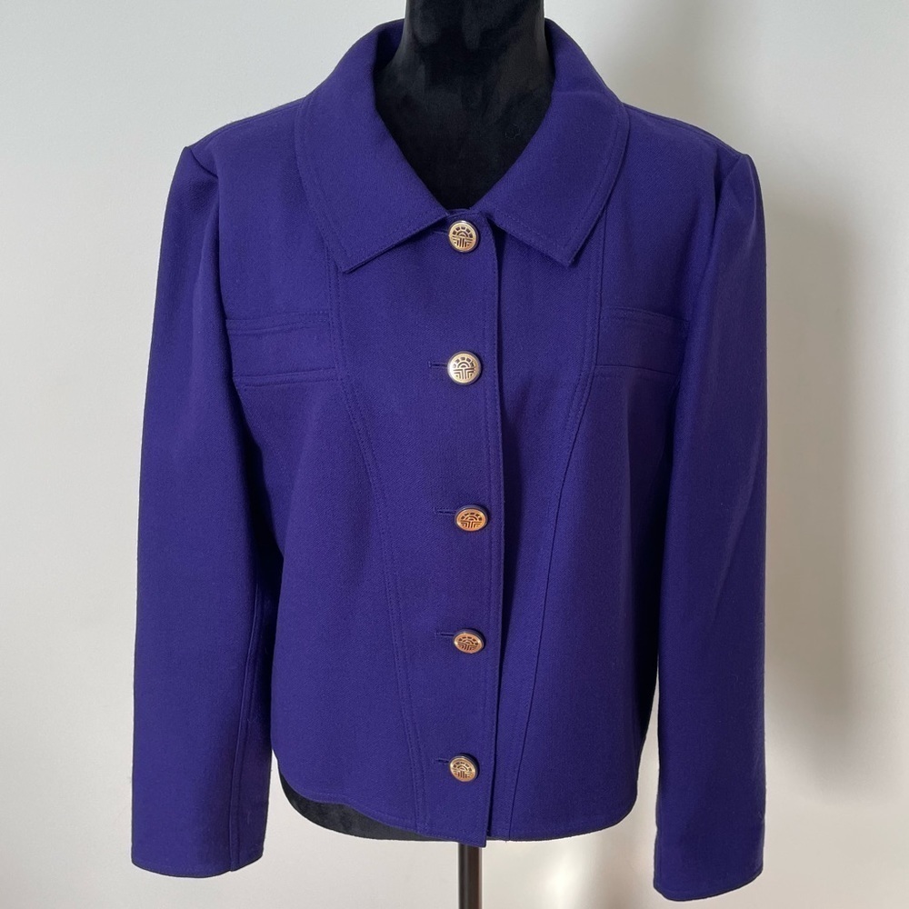 Louis Feraud Purple Virgin Wool Gold Button Short Jacket EUC Size 12